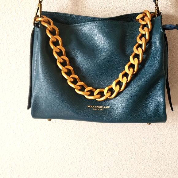 Viola Castellani Genuine Leather Handbag Blue Teal w Chunky Chain Accent - Picture 5 of 10